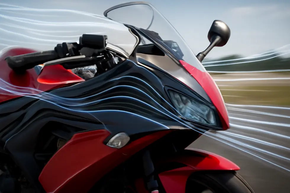 Visual representation of inner fairings enhancing aerodynamic flow around a motorcycle’s front section.