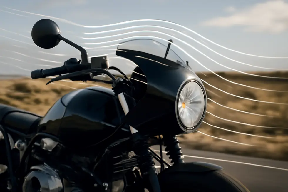 Bikini fairings channel airflow to reduce wind blast, enhancing rider comfort and stability.