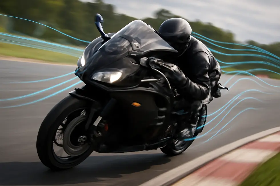 Illustration of aerodynamic airflow around a modern motorcycle fairing enhancing speed and rider protection.