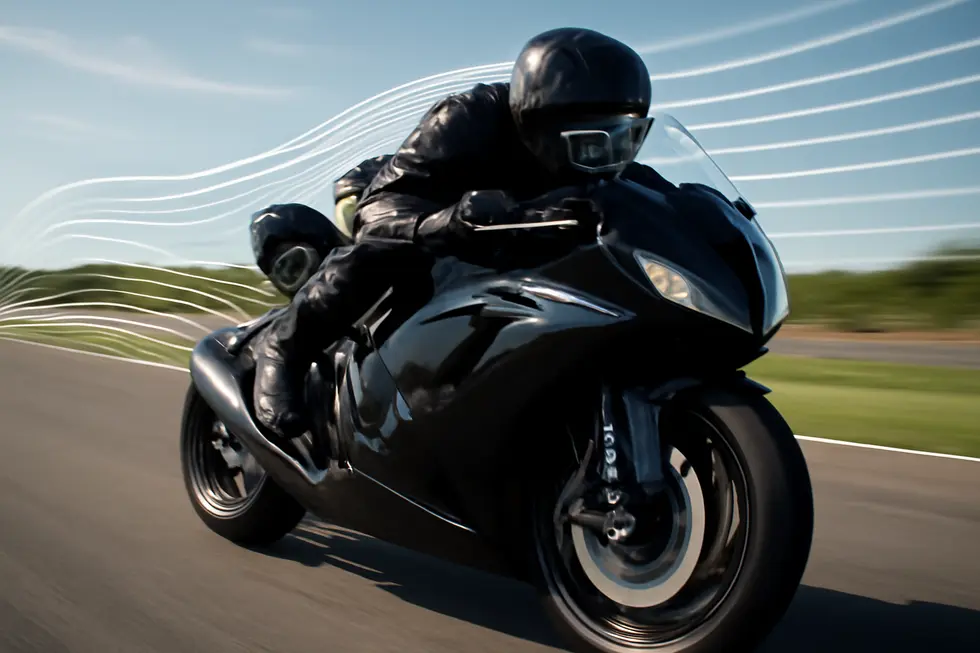An advanced sportbike with aerodynamic ABS plastic fairings demonstrating airflow optimization on a racetrack.