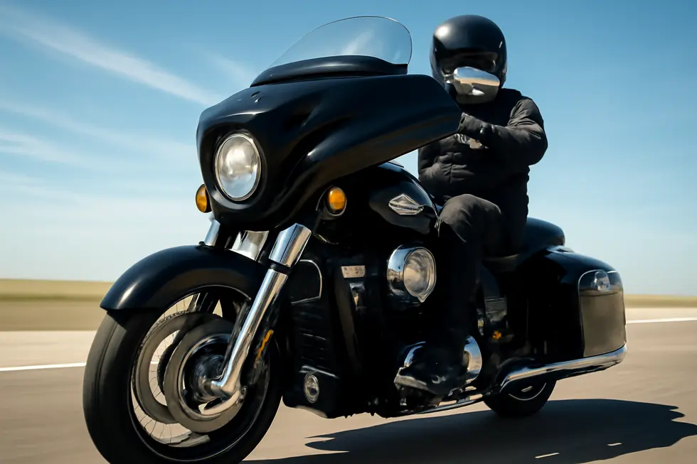 Indian motorcycle fixed fairing improving rider comfort and aerodynamic efficiency on a highway.
