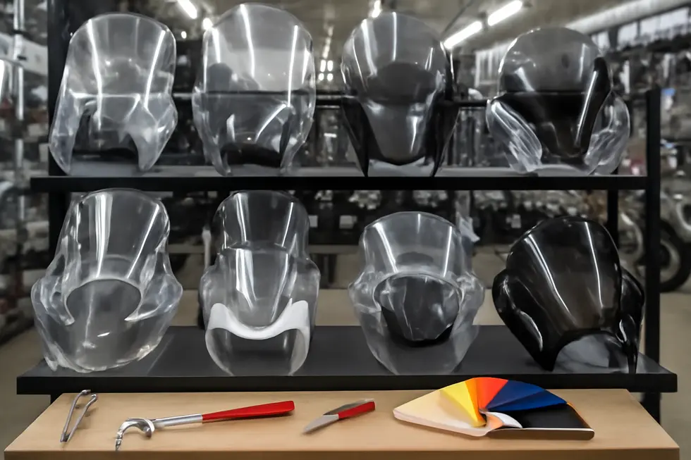 Different clear motorcycle fairings crafted from durable, impact-resistant materials ready for installation.