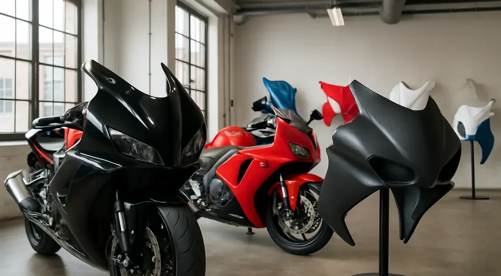 Diverse aftermarket motorcycle fairings highlight the vibrant and technical nature of the market.