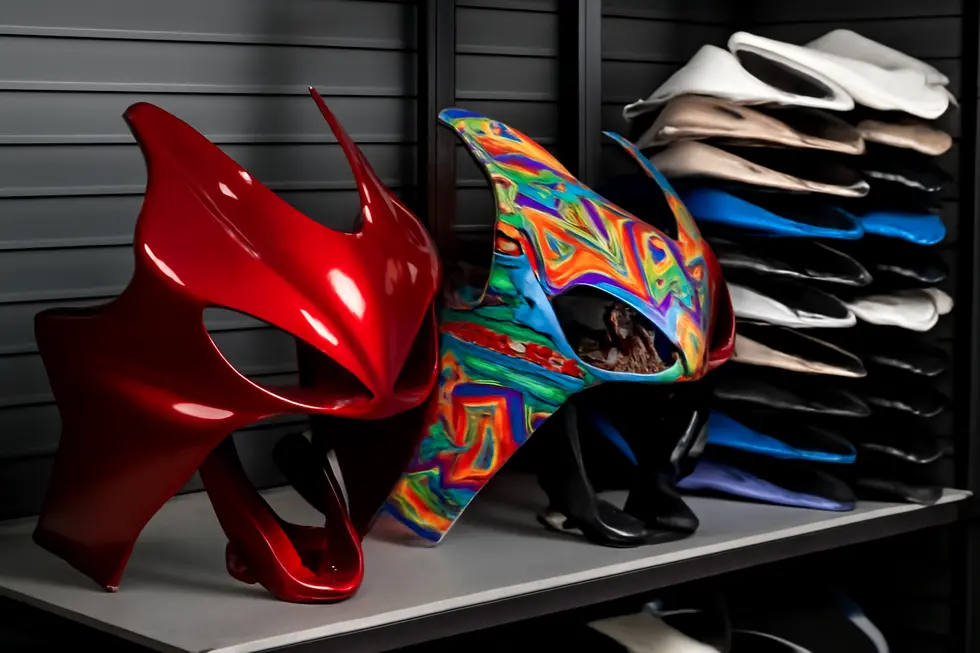 A professional motorcycle fairing being prepared and painted, illustrating the stages and associated costs of a quality paint job.