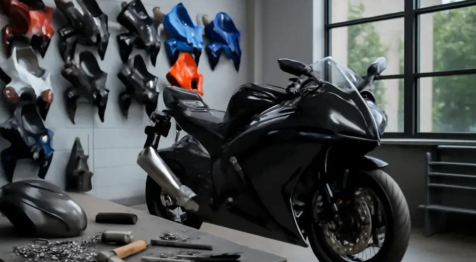 Sportbike equipped with aftermarket fairings from Amazon displayed in a professional workshop setting highlighting product variety and installation.