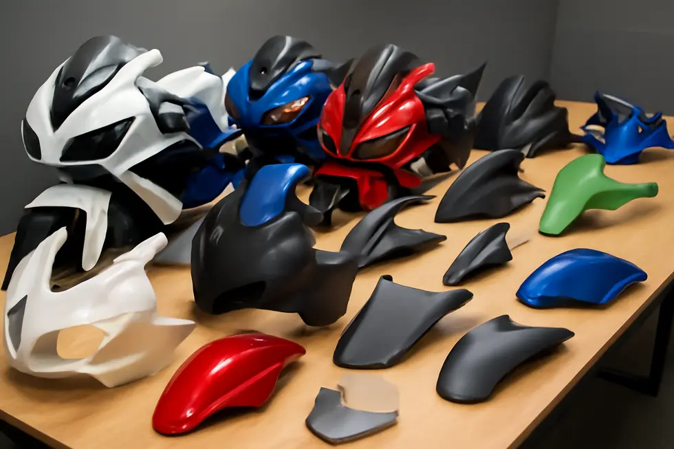 An array of motorcycle fairings showcasing product variety and material differences available on Amazon.