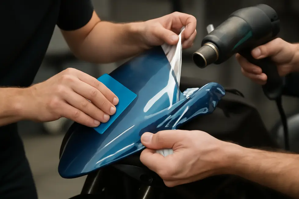 Thorough cleaning of motorcycle fairings before vinyl application ensures superior adhesion and finish.