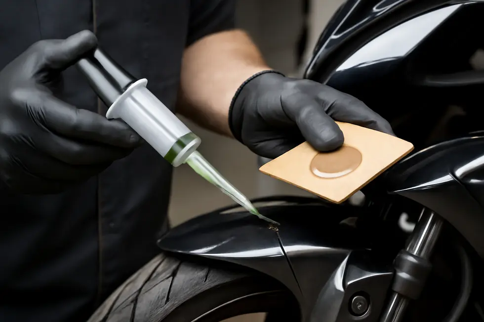 Different motorcycle fairing materials contrasted alongside epoxy adhesives suitable for each type.