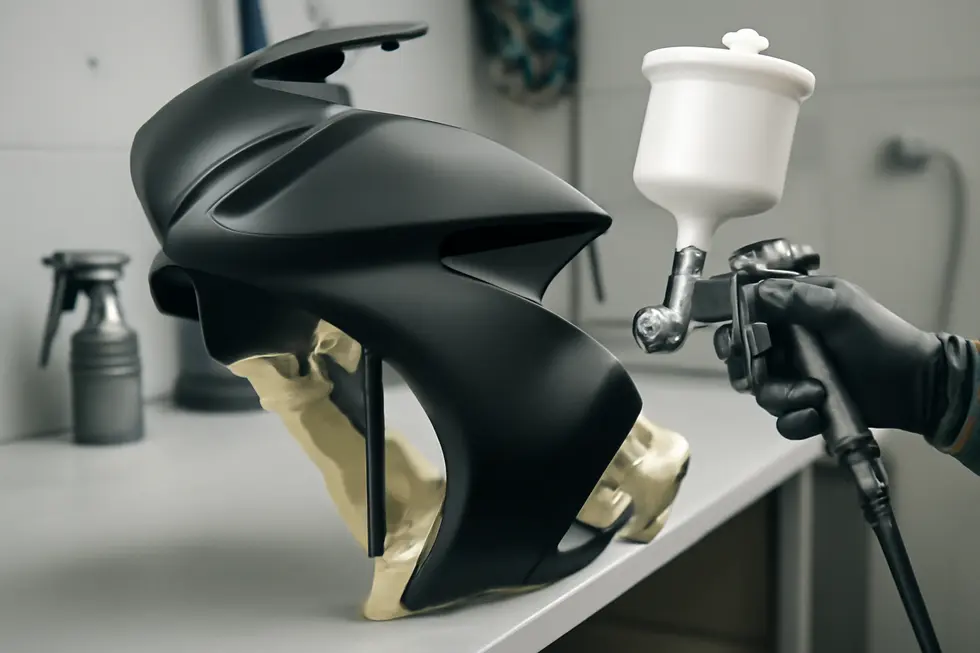 A technician applying multiple thin coats of Plasti Dip to a motorcycle fairing with precision and proper preparation.