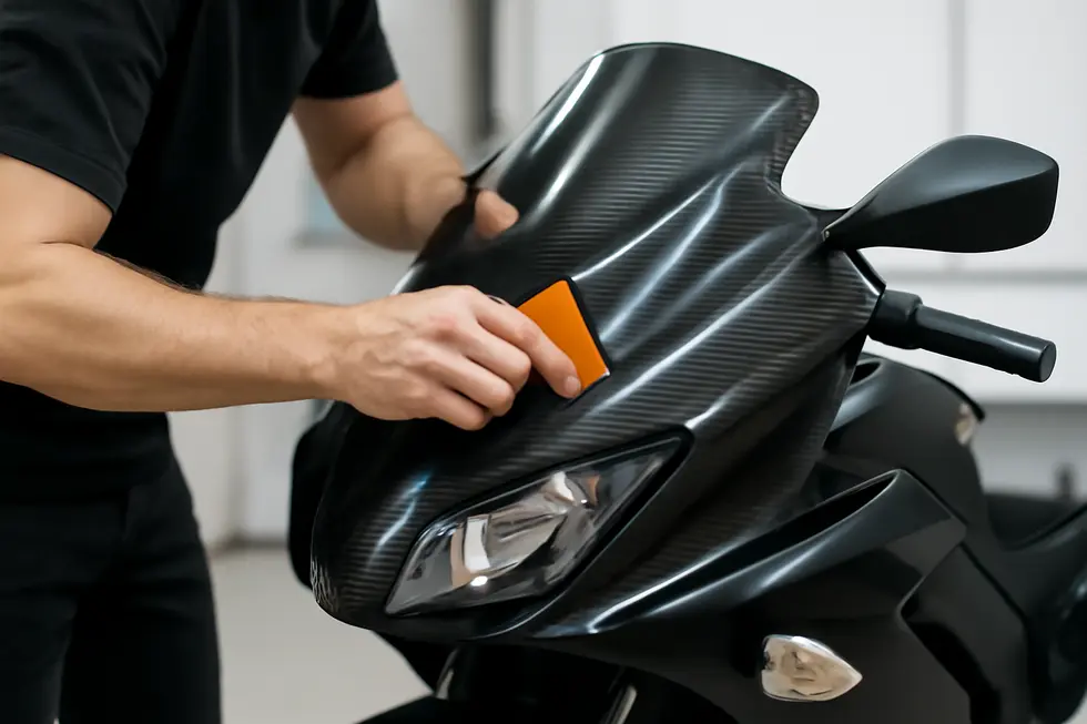 A professional thoroughly cleans motorcycle fairings to ensure optimal vinyl adhesion before wrapping.