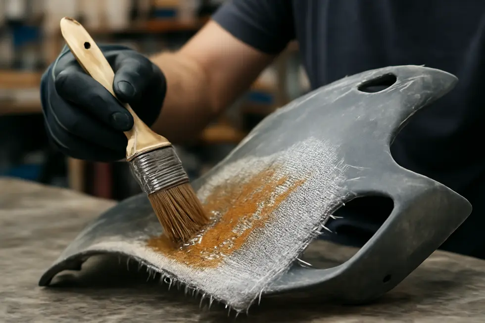 Technician thoroughly assessing damage on a cracked fiberglass motorcycle fairing before repair.