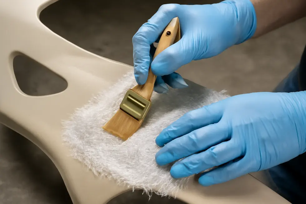 A technician carefully assesses and prepares motorcycle fairings before applying fiberglass repair.