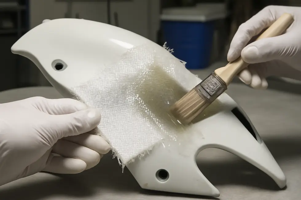 Technician preparing a damaged motorcycle fairing by cleaning and sanding to ensure optimal fiberglass resin adhesion.