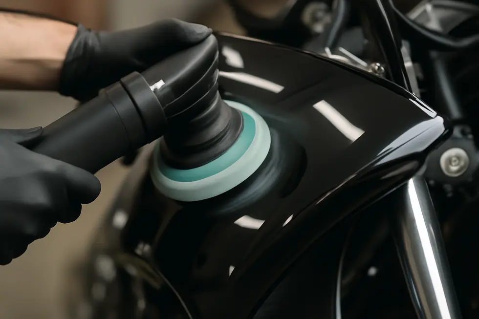Careful cleaning of motorcycle fairings prepares surfaces for effective buffing and prevents contamination.