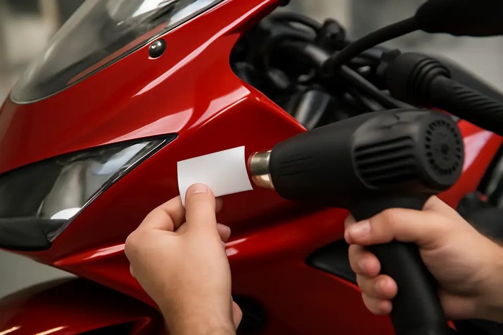 Preparing motorcycle fairings by cleaning the surface before removing stickers ensures a dirt-free base and prevents scratches.