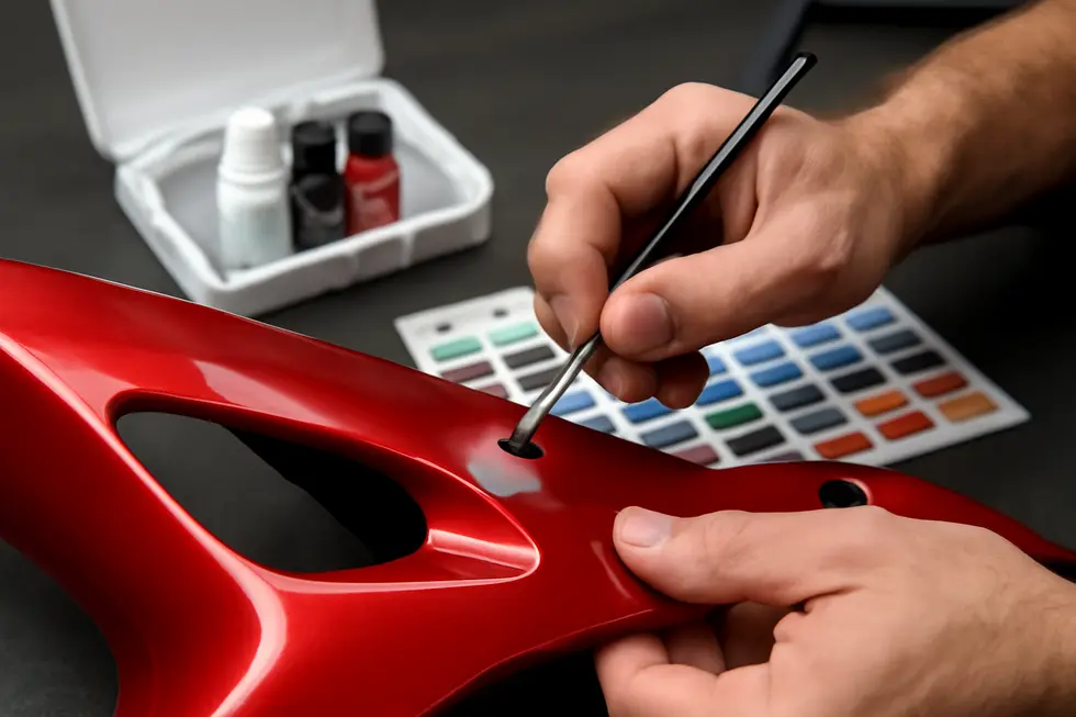 Technician preparing a motorcycle fairing surface by thorough cleaning to ensure proper paint adhesion.