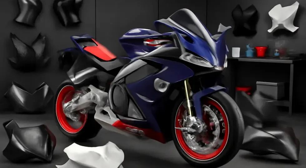Aprilia RS660 motorcycle alongside diverse fairing options showcasing materials, design, and customization in a professional showroom.