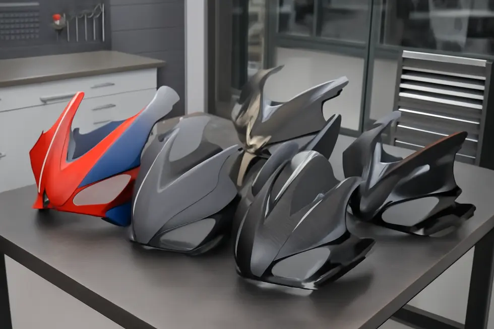 A comparative display of ABS plastic and carbon fiber Aprilia RS660 fairings highlighting materials and design precision.