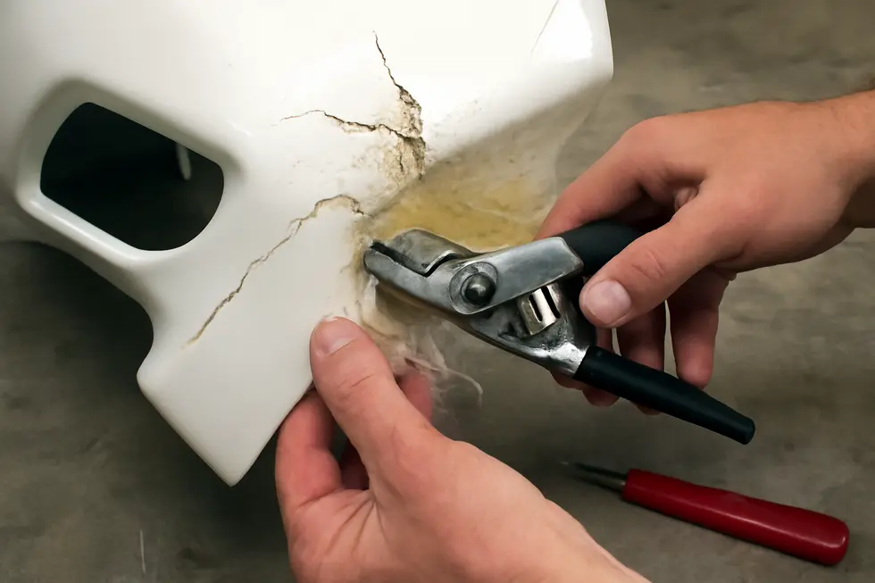 Precise cleaning and sanding of a motorcycle fairing ready the surface for effective fiberglass repair.