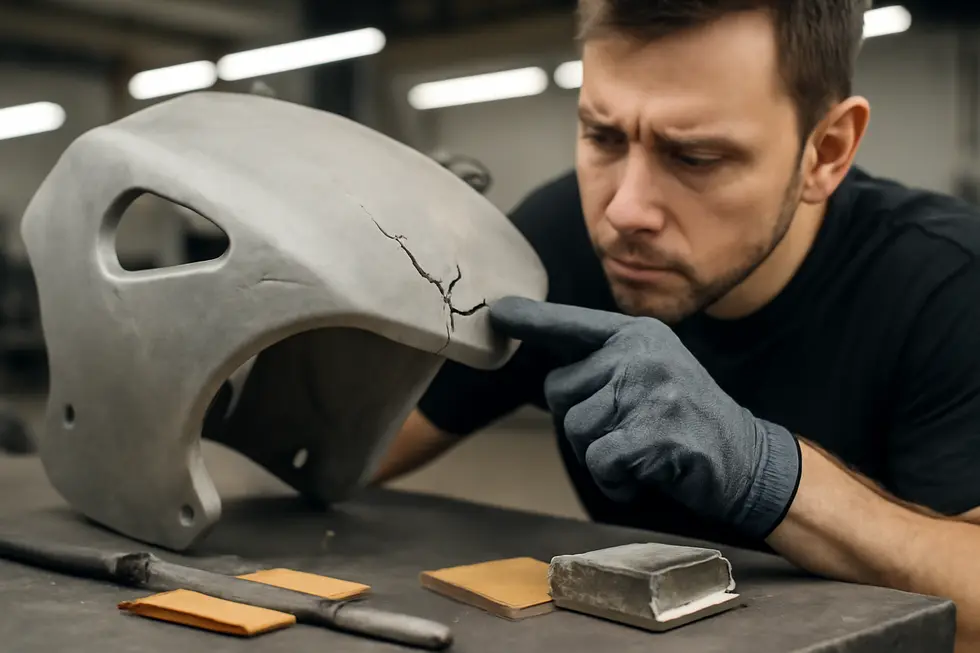 Technician thoroughly assessing damage on a cracked fiberglass motorcycle fairing before repair.