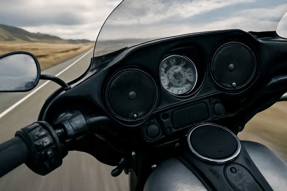 Close-up of a motorcycle fairing stereo system showcasing a waterproof touchscreen and integrated speakers illustrating modern technology.