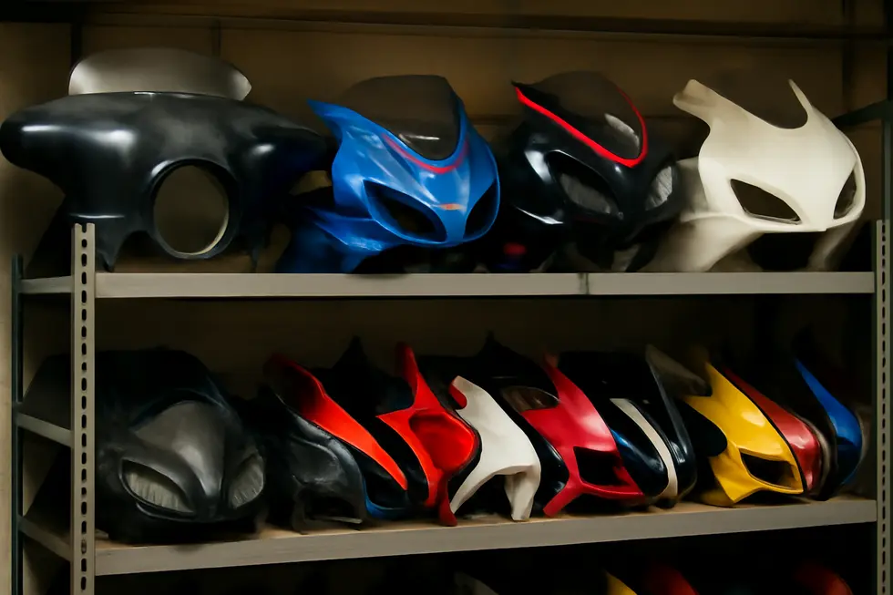 Varied used motorcycle fairings displayed to highlight diverse availability and types businesses can stock.