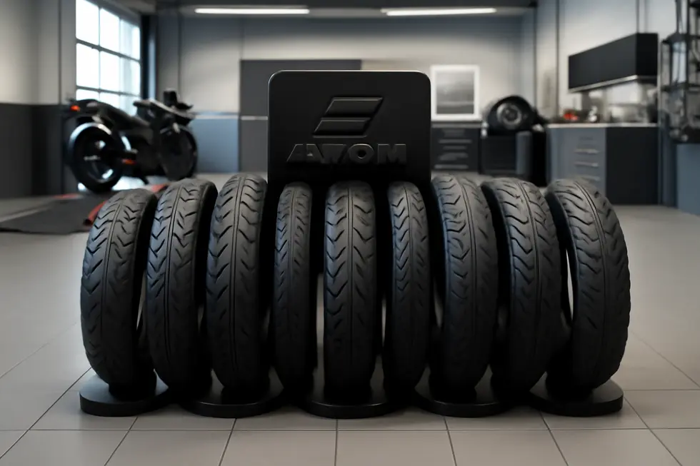 Showroom highlighting Avon’s strong brand identity in motorcycle tires but absence in fairings.