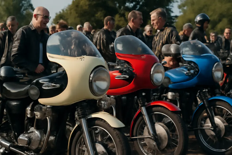 A vintage café racer showcasing the characteristic rounded bubble-nose design of Avon motorcycle fairings that enhances aerodynamics.