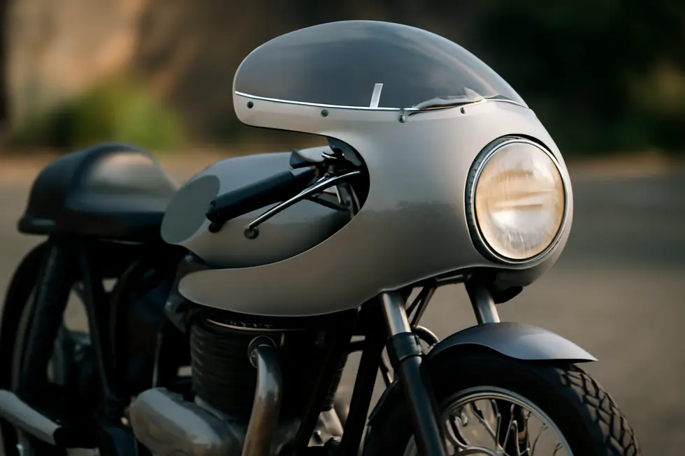A vintage café racer showcasing the characteristic rounded bubble-nose design of Avon motorcycle fairings that enhances aerodynamics.
