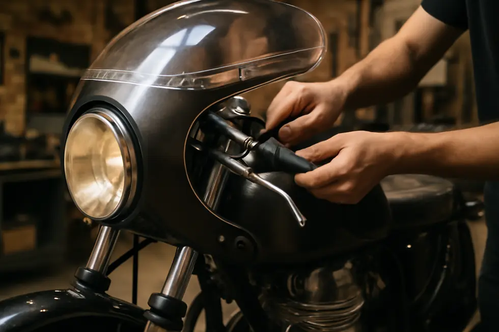 A vintage café racer showcasing the characteristic rounded bubble-nose design of Avon motorcycle fairings that enhances aerodynamics.