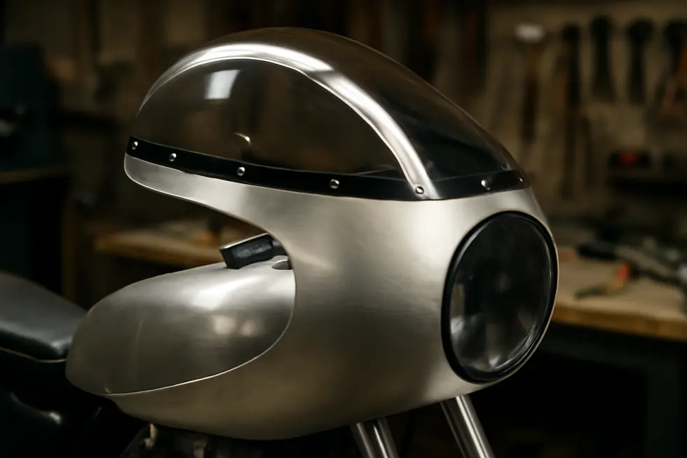 A vintage café racer showcasing the characteristic rounded bubble-nose design of Avon motorcycle fairings that enhances aerodynamics.