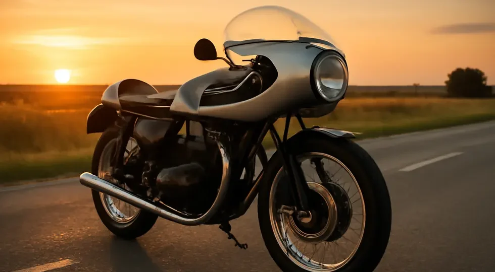 A classic café racer with an Avon bubble-nose fairing shown in golden hour light, embodying vintage style and aerodynamic design.