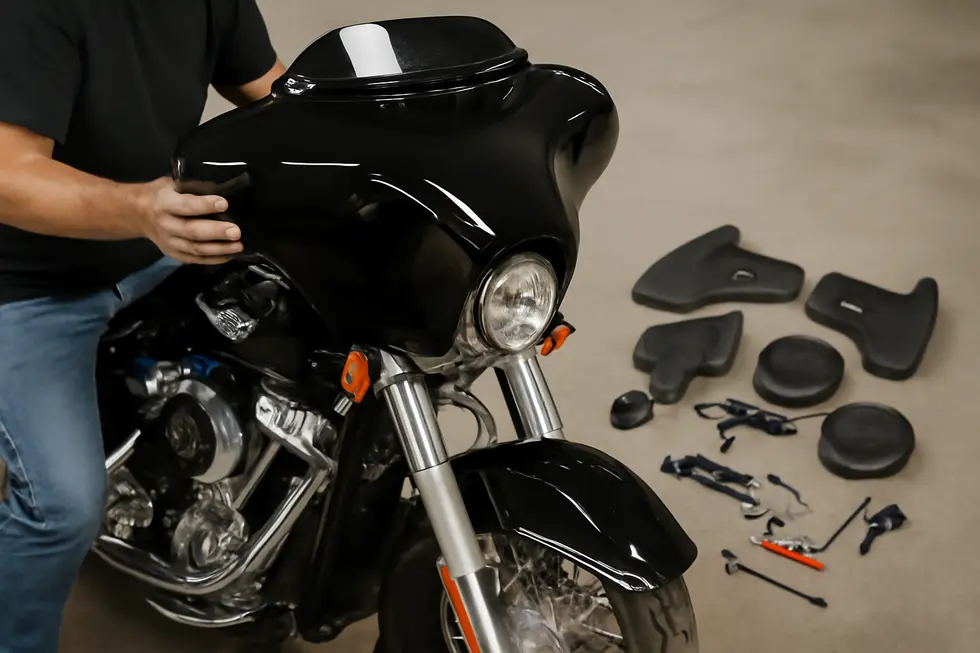 A batwing motorcycle fairing illustrating its wide, wing-shaped front design and aerodynamic windshield.