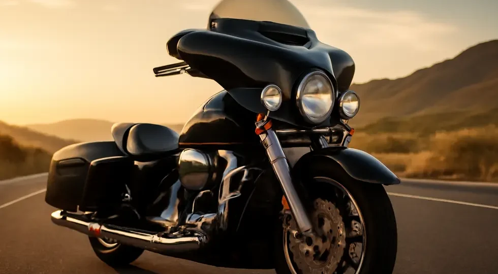 Harley-Davidson cruiser equipped with a black batwing motorcycle fairing showcasing iconic style and aerodynamic benefits.
