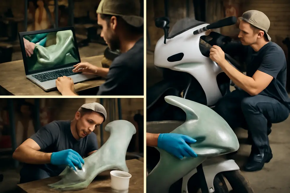 Creating detailed templates and molds using foam and cardboard to shape custom motorcycle fairings.
