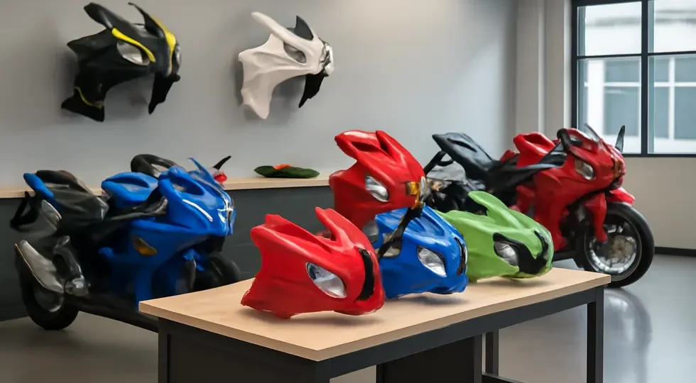 Showroom featuring an assortment of budget-friendly motorcycle fairings from trusted brands, exemplifying style and durability.