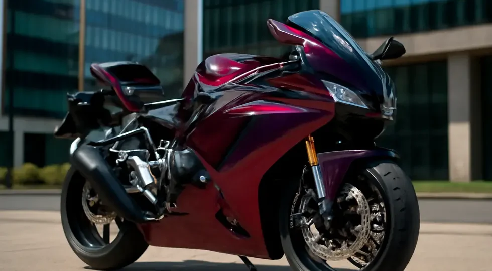 A premium motorcycle showcasing expertly applied durable and vibrant paint on its fairings under natural sunlight.