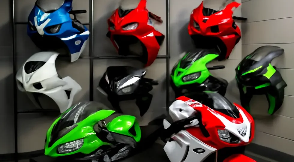 Showroom display of diverse, high-quality motorcycle fairings symbolizing the leading online platforms in the industry.