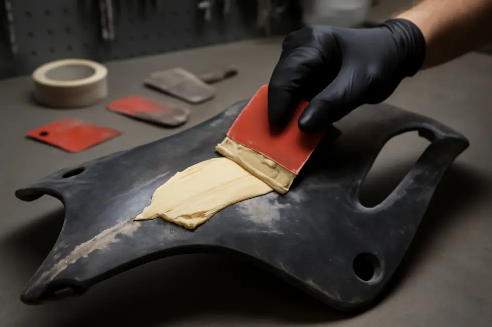 A technician expertly applies Bondo filler to a motorcycle fairing, preparing the surface for a smooth, paint-ready finish.