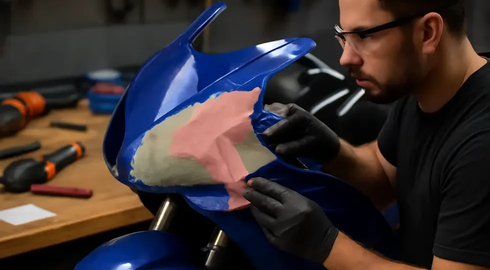 Technician applying Bondo on a reinforced motorcycle fairing panel demonstrating the blend of strength and finish quality.