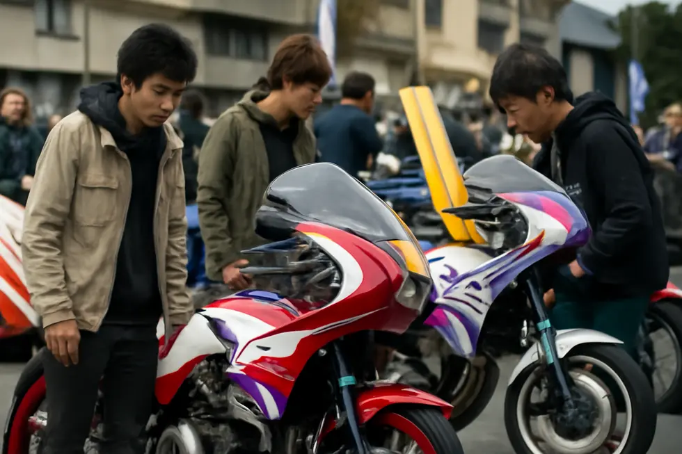 A Bosozoku motorcycle showcasing distinctive fairings with sharp angles, vivid colors, and exaggerated shapes defining the rebellious style.
