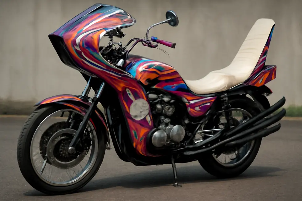 A Bosozoku motorcycle showcasing distinctive fairings with sharp angles, vivid colors, and exaggerated shapes defining the rebellious style.