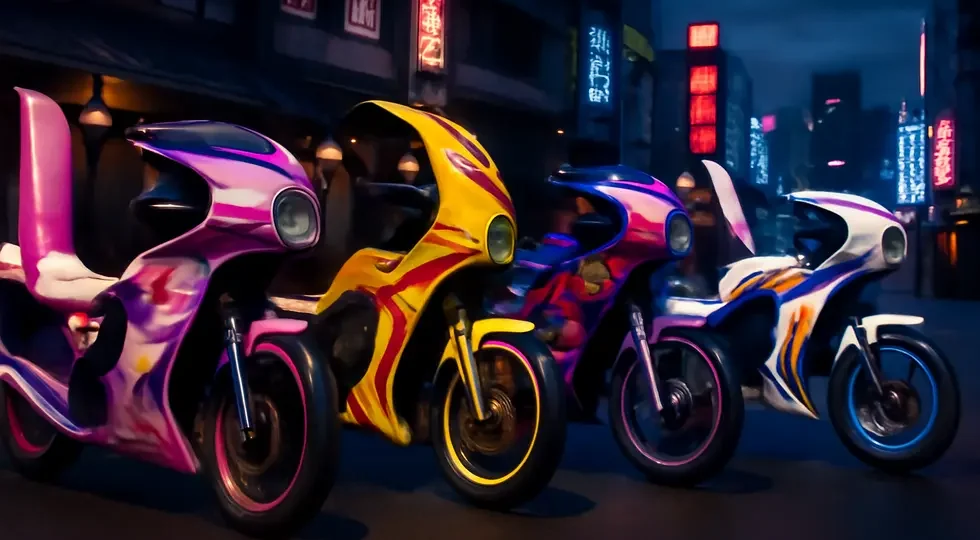 A striking lineup of Bosozoku motorcycles characterized by bold, colorful fairings and aggressive styling in an urban Japanese setting.
