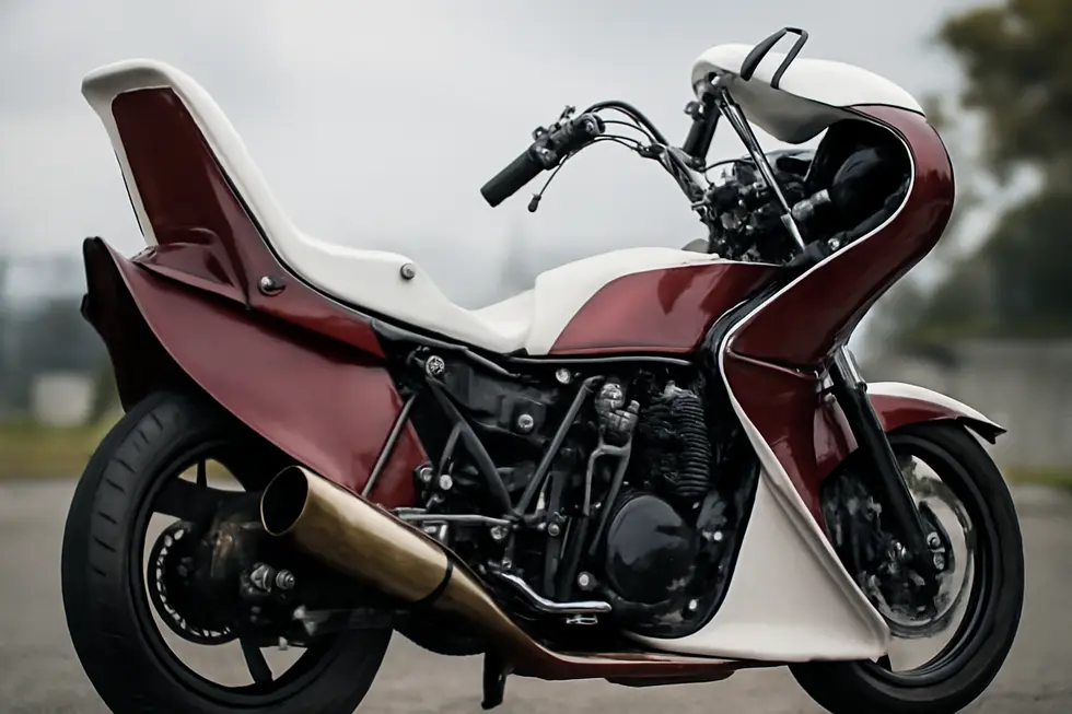 A Bosozoku motorcycle showcasing distinctive fairings with sharp angles, vivid colors, and exaggerated shapes defining the rebellious style.