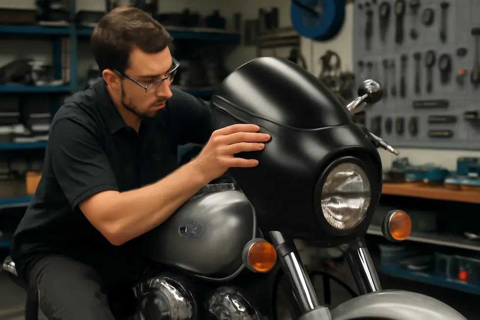 A glossy black bullet fairing showcasing its aerodynamic design fitted on a cruiser motorcycle.