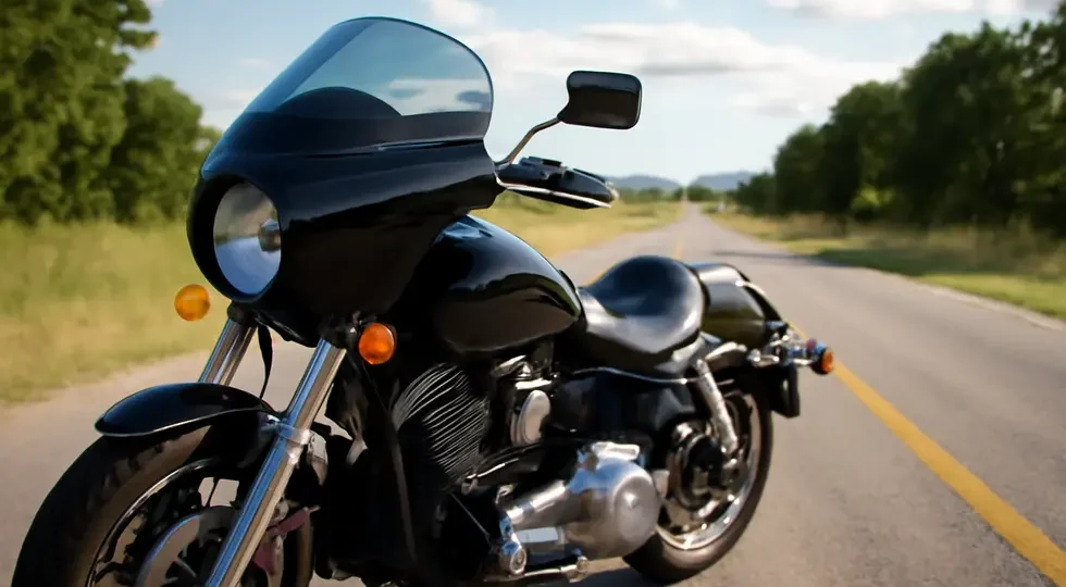 Classic cruiser with a stylish glossy black bullet fairing parked on a scenic open road.