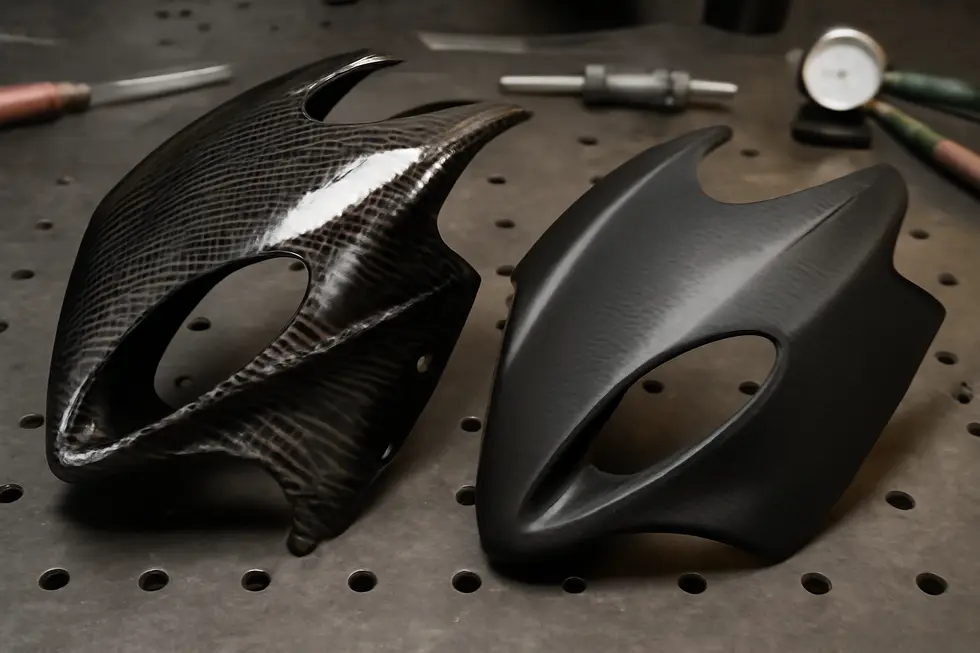 Comparison of genuine 100% carbon fiber and faux carbon fiber motorcycle fairings illustrating key material distinctions.