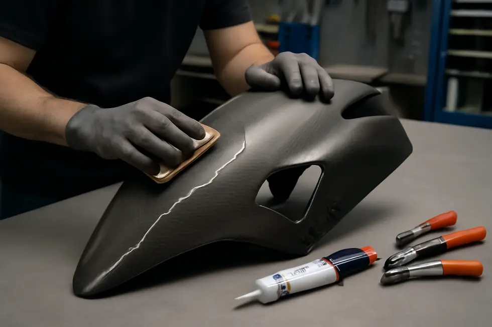 Technician performing plastic welding with a hot staple kit on an ABS motorcycle fairing crack.