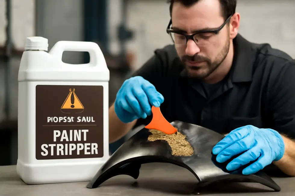 A technician safely applying plastic-safe chemical paint stripper to remove paint from a motorcycle fairing.