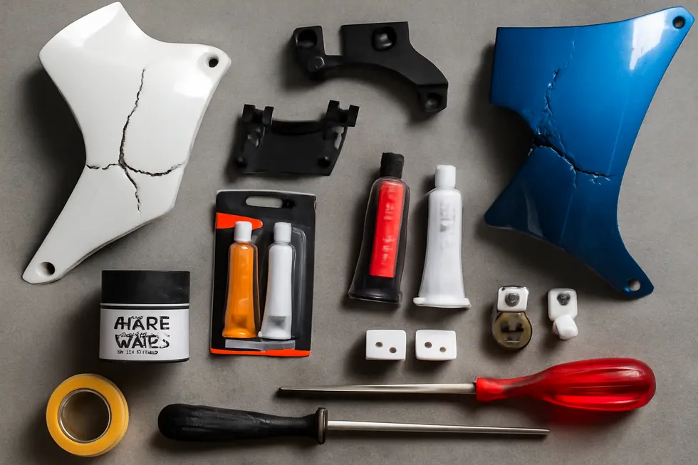 Detailed view of essential components included in a motorcycle fairing repair kit, highlighting their applications.
